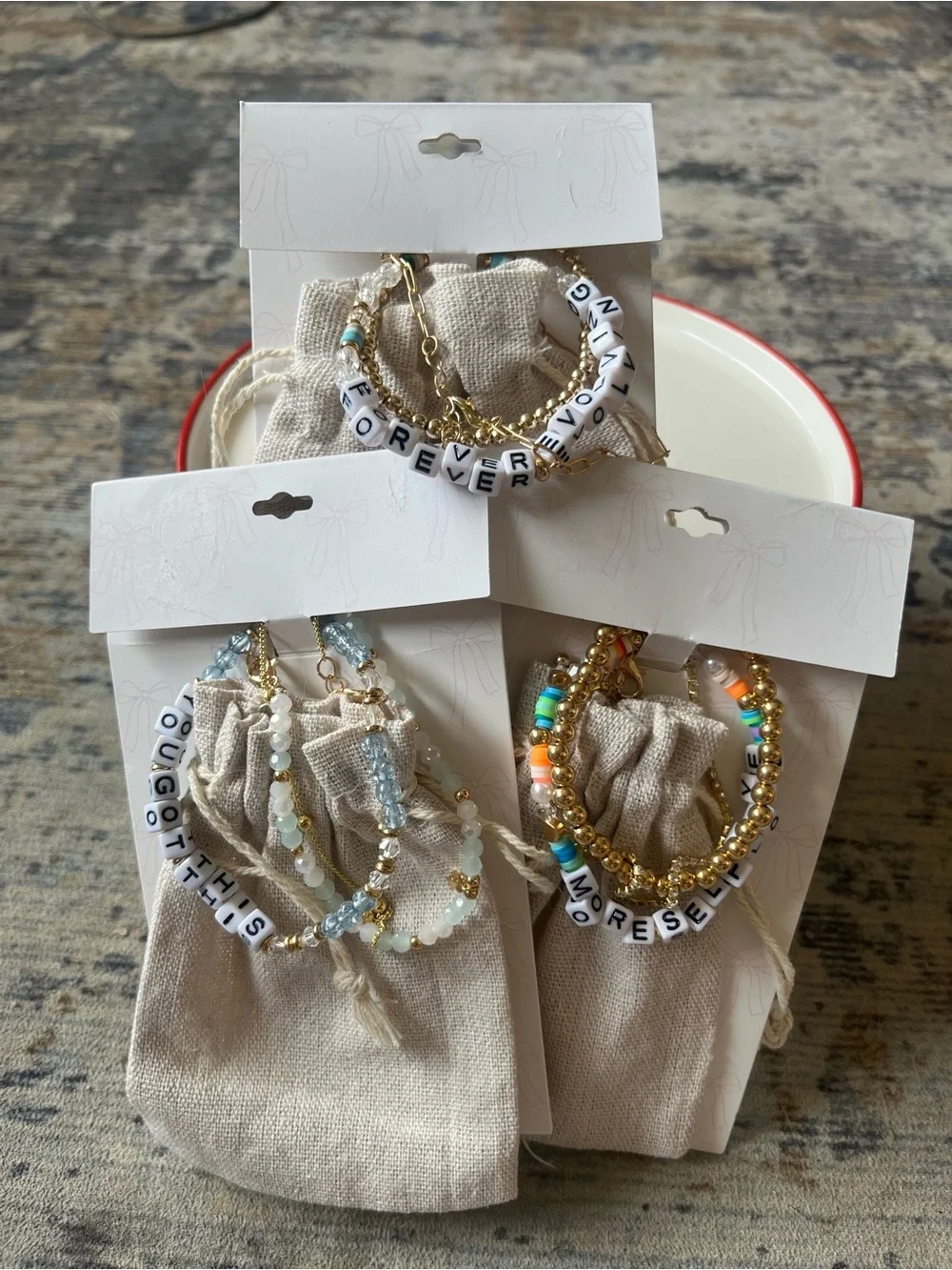 Beaded Phrase Bracelet Set - White Letter Beads with Gold & Aqua Accents $20/set - Picture 1 of 4